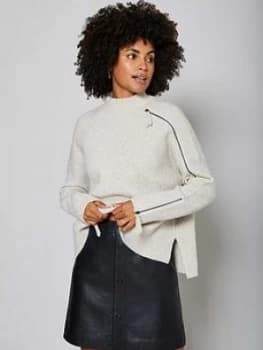 Mint Velvet Zip Detail Metallic Chunky Knit - Neutral