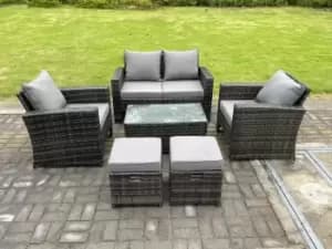 Fimous 4 Seater Outdoor Dark Grey Rattan Lounge Complete Sofa Set with Rectangular Coffee Table and 2 Stools