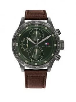 Tommy Hilfiger Tommy Hiliger Green Multi Dial Brown Leather Strap Watch