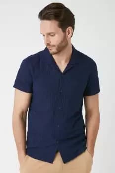Mens Navy Short Sleeve Self Stripe Revere Shirt