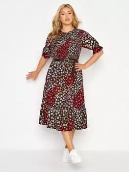 Yours Shirred Frill Sleeve Dress Black Multi, Black, Size 20, Women