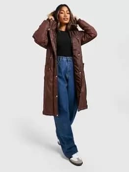 Boohoo Longline Faux Fur Trim Parka - Mocha, Brown, Size 12, Women