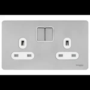 Schneider Electric Ultimate Screwless Flat Plate - Switched Double Power Socket, Double Pole, 13A, GU3420DWSS, Stainless Steel with White Insert