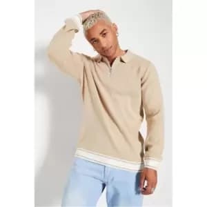 I Saw It First Stone Zip Neck Polo Knit Top With Contrast Cuff - Brown