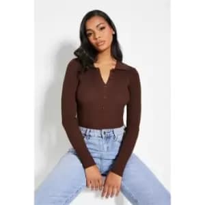 I Saw It First Rib Collared Button Up Knit Bodysuit - Brown
