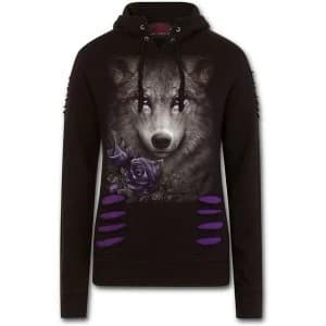 Wolf Roses Large Hood Ripped Womens Large Hoodie - Black