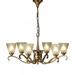 6 Light Multi Arm Ceiling Pendant Chandelier Antique Brass, Glass, E14