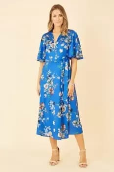 Blue Floral Satin Wrap Dress