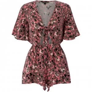 Biba Pink Leopard Tie Front Frill Playsuit - Pink