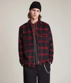 AllSaints Mens Juneau Wool Blend Check Jacket, Black/Red, Size: S