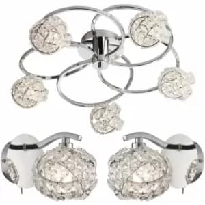 Loops - 5 Bulb Ceiling Lamp & 2x Matching Wall Light Chrome Arm & Crystal Twist Shade