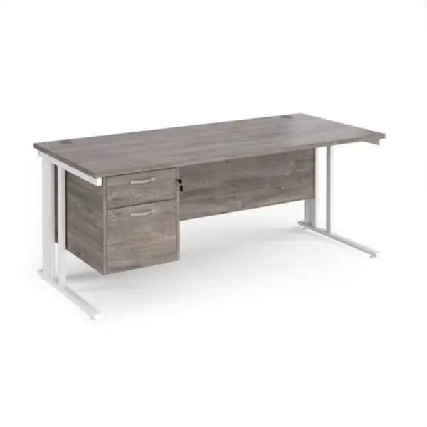 Maestro 25 straight desk 1800mm x 800mm with 2 drawer pedestal - white cable managed leg frame, grey oak top