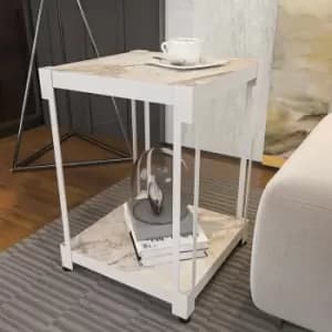 Zenas Nightstand , Side End Table With Shelves, Space Saver Modern Night Table , industrial Metal Frame Side Table- White Marble Pattern And White