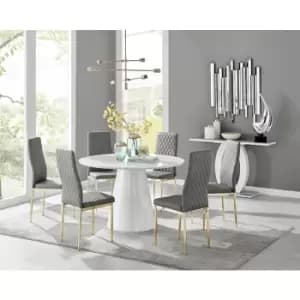 Furniturebox Palma White High Gloss 6 Seat Minimalist Post Modern Round Dining Table & 6 Grey Milan Gold Leg Faux Leather Chairs