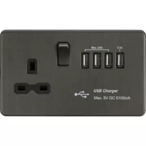 Screwless 13A Switched Socket with Quad USB charger (5.1A) - Smoked Bronze 230V IP20