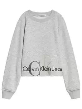 Calvin Klein Jeans Girls Mixed Monogram Cut Off Sweatshirt - Light Grey, Light Grey, Size Age: 12 Years, Women