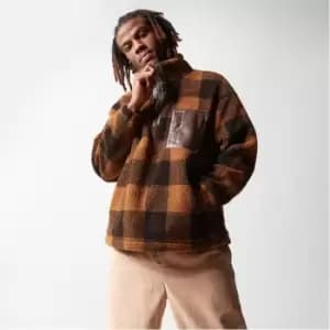 Mennace Check Print Half Zip Borg Teddy Jacket - Brown