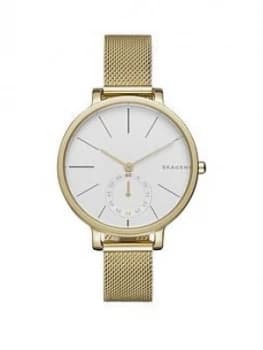 Skagen White Dial Gold Stainless Steel Mesh Strap Ladies Watch
