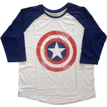 Marvel Comics - Captain America Distress Shields Unisex Medium Raglan T-Shirt - Blue, White