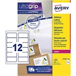 AVERY Address Labels L7164-100 UltraGrip White Self Adhesive A4 63.5 x 72mm 100 Sheets of 12 Labels
