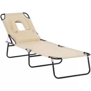 Folding Sun Lounger Reclining Chair w/ Pillow Reading Hole Beige - Beige - Outsunny