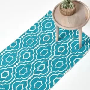 Riga Teal and White 100% Cotton Printed Patterned Rug, 66 x 200cm - Blue - Homescapes