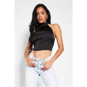 I Saw It First Satin Halterneck Tie Back Button Detail Crop Top - Black
