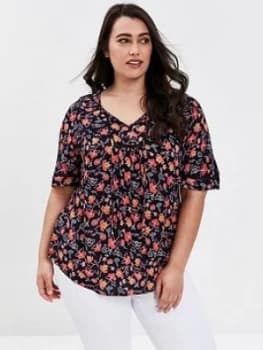 Evans Floral Print Crochet Detail Top - Navy