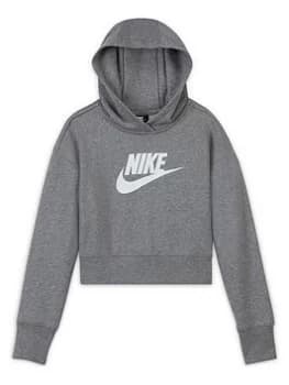 Nike Older Girls Nsw Club French Terry Crop Hoodie - Grey/White, Size L=12-13 Years, Women
