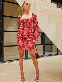 Chi Chi London Long Sleeve Corset Style Floral Mini Dress In Red, Red, Size 10, Women