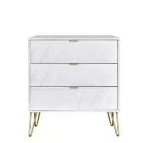 Hirato Ready Assembled 3 Drawer Chest Marble Gold Metal Hairpin Legs