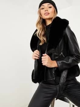 Quiz Black Faux Fur Trim Biker Jacket - 12