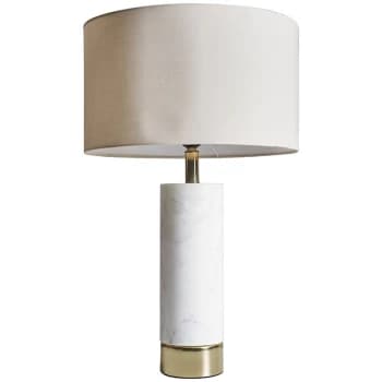 White Marble and Brass Cylinder Table Lamp with Fabirc Lampshade - Beige