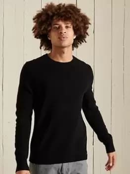 Superdry Lambswool Lightweight Crew Jumper - Black, Size L, Men