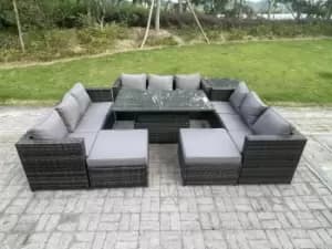 Fimous 9 Seater Outdoor Dark Grey Rattan Lounge Complete Sofa Set with Adjustable Dining Table and 2 Big Footstool
