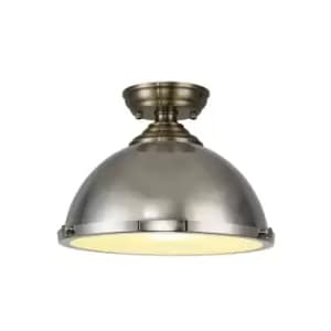 Dresden Flush Ceiling Lamp E27 With Round 31cm Metal Shade Antique Brass, Polished Nickel, Frosted White