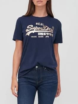 Superdry Vintage Logo Sparkle Tee - Navy, Blue, Size 12, Women