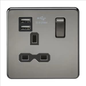 KnightsBridge 1G 13A Screwless Black Nickel 1G Switched Socket with Dual 5V USB Charger Ports - Black Insert