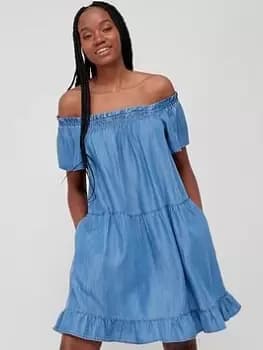 Superdry Vintage Off Shoulder Dress -mid Wash, Blue, Size 10, Women