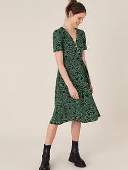 Monsoon Green Printed Short Sleeves Wrap Dress - 8