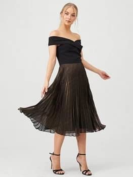 Oasis Metallic Pleated Bardot Midi Dress - Gold, Bronze, Size 10, Women