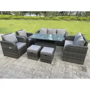 Fimous 7 Seater Outdoor Dark Grey Mixed Rattan Corner Sofa Set with Adjustable Dining Table and 2 Stools
