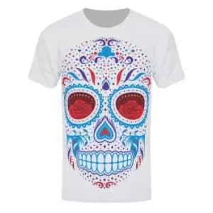 Grindstore Mens Sugar Skull Sublimation T-Shirt (L) (White/Blue/Red)