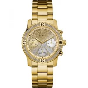 GUESS Ladies gold watch with crystals, gold to silver dial and gold bracelet.