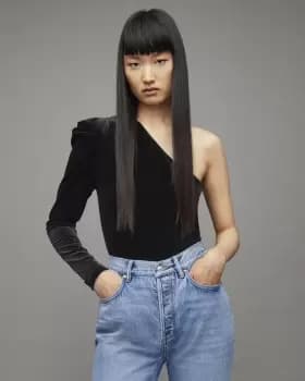 AllSaints Womens Daphne Velvet Bodysuit, Black, Size: 16