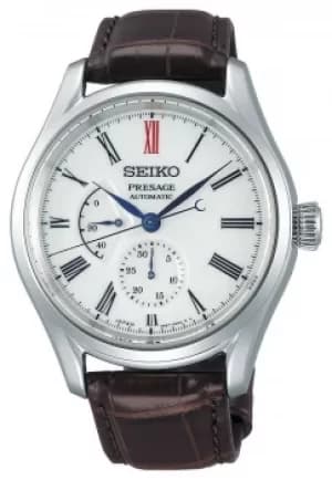 Seiko Presage Mens Automatic White Dial Brown Leather Power Watch