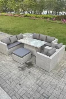 Fimous 8 Seater Outdoor Light Grey Rattan Lounge Complete Sofa Set with Adjustable Table, Side Table and Big Footstool