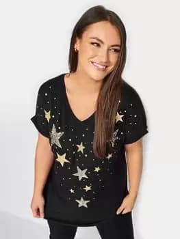 Yours Sequin And Glitter Printed V Neck T-Shirt, Black, Size 16, Women
