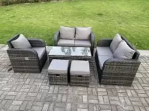Fimous 5 Seater Outdoor Dark Grey Rattan Lounge Complete Sofa Set with Oblong Coffee Table, Reclining Chair and 2 Stools