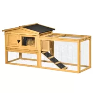 PawHut 2 Level Wooden Rabbit Bunny Guinea Pig Hutch w/ Outdoor Run Water Resistant Roof Pull out Tray Ramp 150 x 52.5 x 68 cm, Yellow